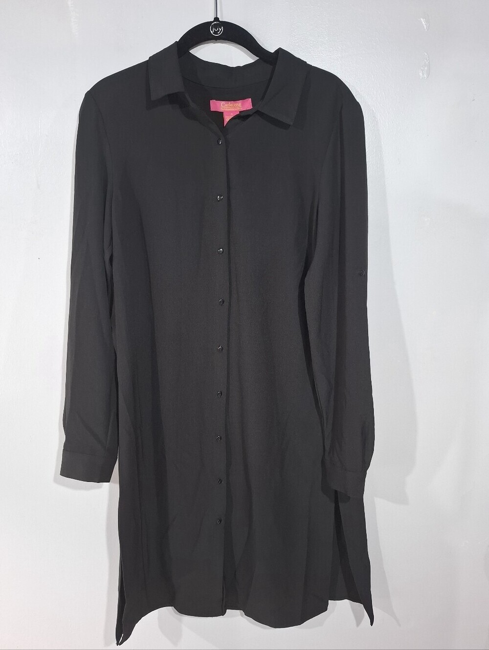 Catherine Malandrino Black Button Up Shirt Dress Long Roll Sleeve Split Side NWT